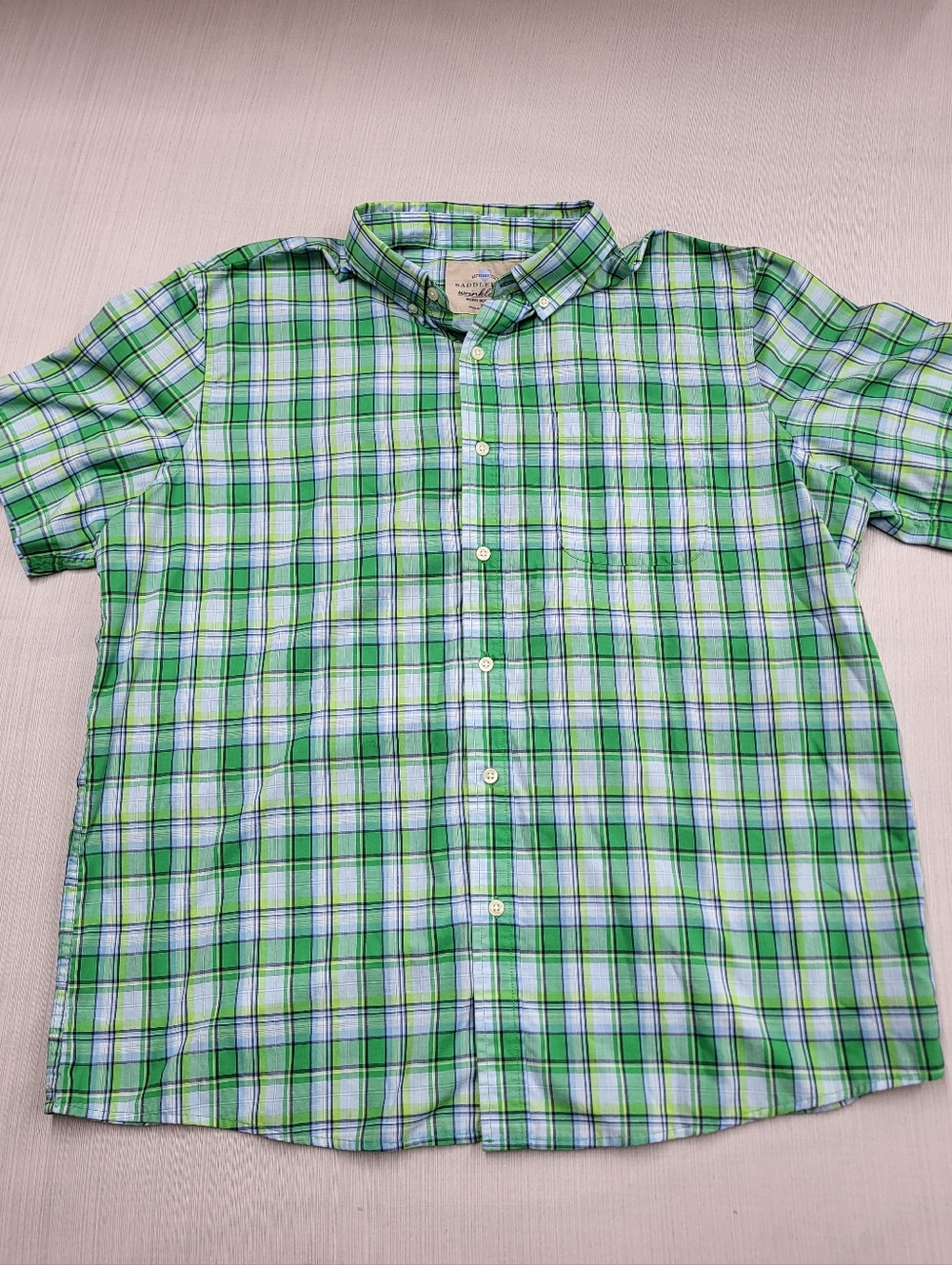 Saddlebred Shirt Mens XL Green Blue Plaid Short Sleeve Pocket Wrinkle Free